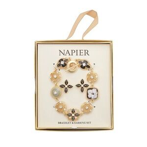 NWT Napier Gold and Black Floral Bracelet and Earring Set